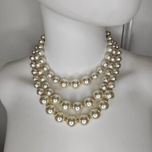 Womens Layered Faux Pearl Statement Necklace With Gold Tone Accents Fashion